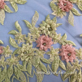 Green Flower Handwork Pearl Tulle Lace Fabric